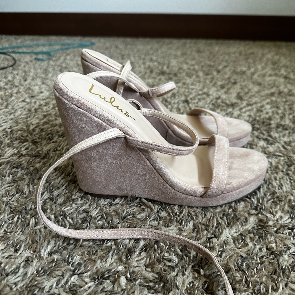 Suede Wedge Sandals 4.5" Heel Blush Pink Size 7 Minimalist - Picture 3 of 5